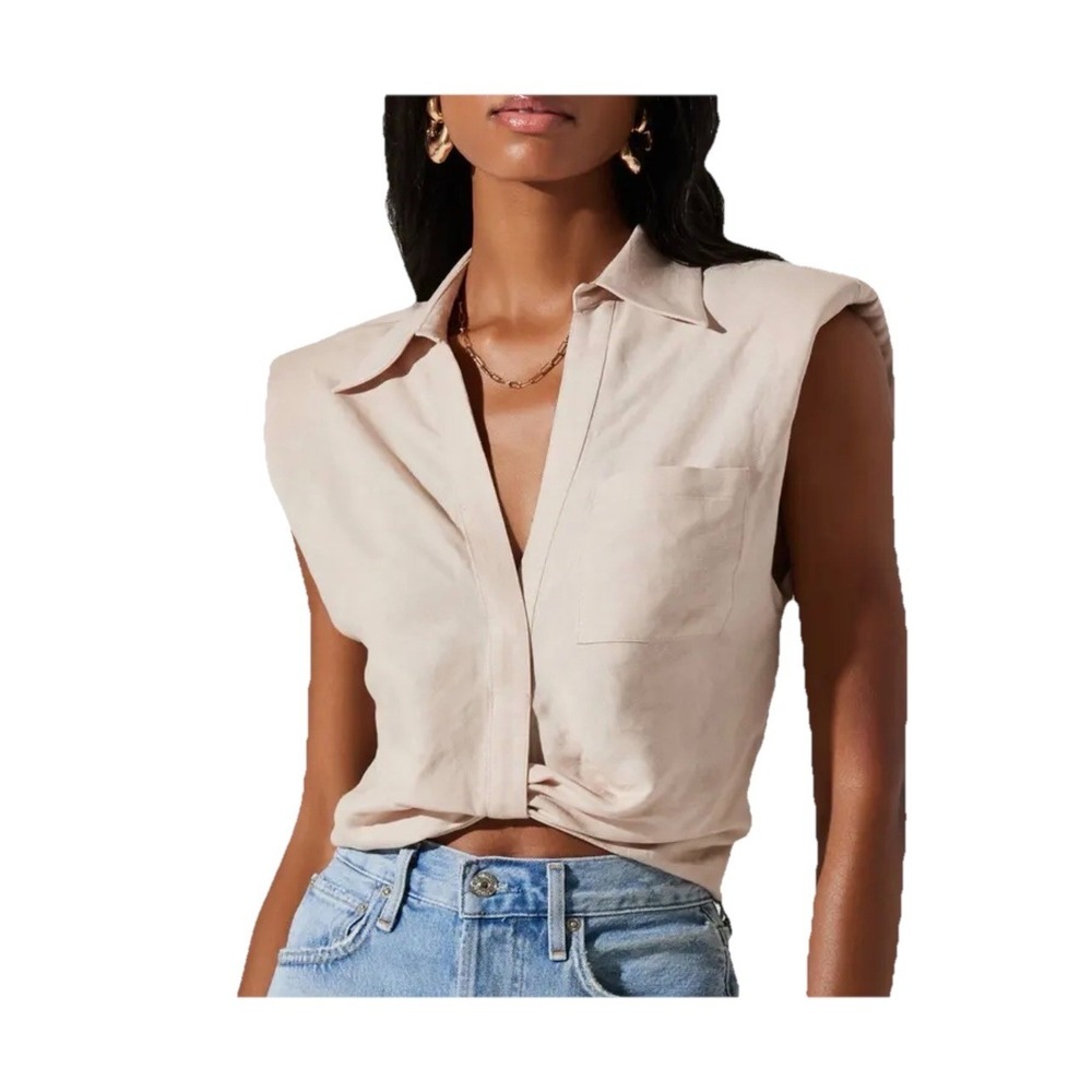 ASTR The Label Linen Kathryn Twist Crop Button Up Shirt Large Shoulder Pads